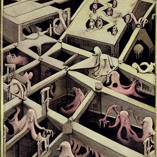 Image similar to Technicolor box of ghosts, by M.C. Escher, by Joseph Cornell, by Francisco Goya, fairy-tale illustration style, very detailed, colorful, beautiful, eerie, surreal, psychedelic