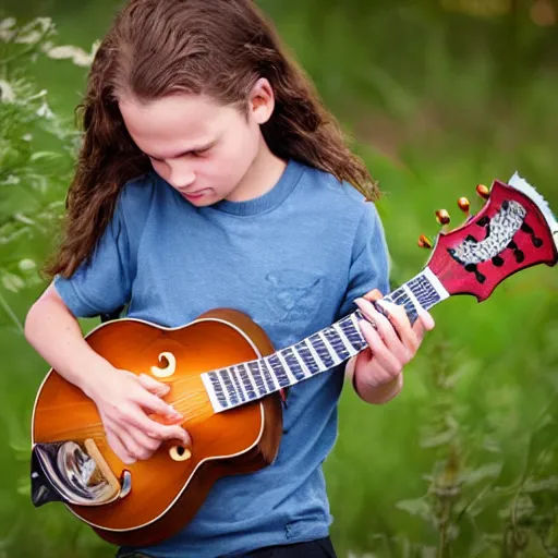 Image similar to a photo of a boy with long hair playing mandolin in the wilderness