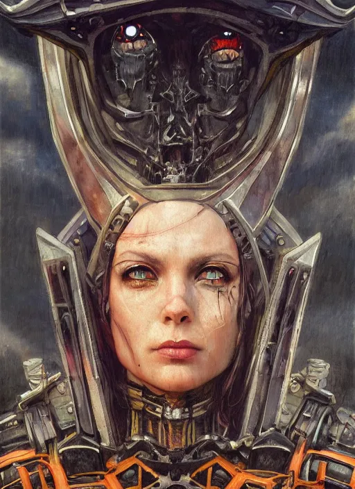 Image similar to symmetry! closeup middle biblical diabolical pirate cyborg girl! stylish armor, heavy eyes to the side, closeup, bright glowing eyes, in clouds, rain, sunset, portrait, by gerald brom, by mikhail vrubel, by peter elson, muted colors, extreme detail, mirrors, trending on artstation, 8 k