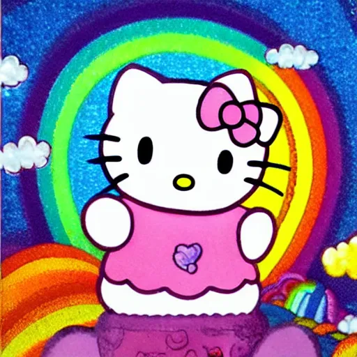 Image similar to Hello kitty riding a unicorn over a rainbow,