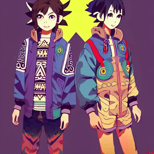 Image similar to majora majora's mask wearing oversized mayan bomber jacket with overalls, bulky poofy bomber jacket with mayan patterns, aztec street fashion, genshin impact art style, gapmoe yandere grimdark, trending on pixiv fanbox, painted by greg rutkowski makoto shinkai takashi takeuchi studio ghibli, akihiko yoshida