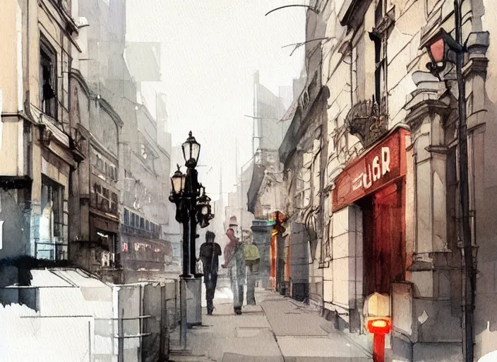 Image similar to concept art of street england city, pinterest, artstation trending, behance, watercolor, by coby whitmore, silver, laser light,