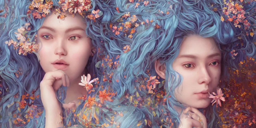 Image similar to breathtaking detailed concept art painting portrait of the hugs goddess of light blue flowers, carroty hair, orthodox saint, with anxious piercing eyes, ornate background, amalgamation of leaves and flowers, by hsiao - ron cheng, extremely moody lighting, 8 k