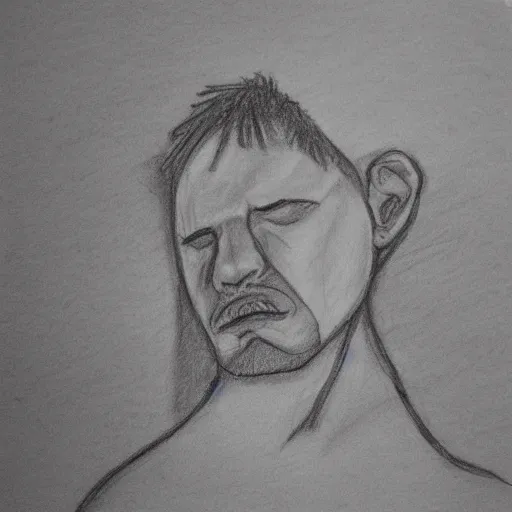 Image similar to a drawn man with depression. pencil sketch.