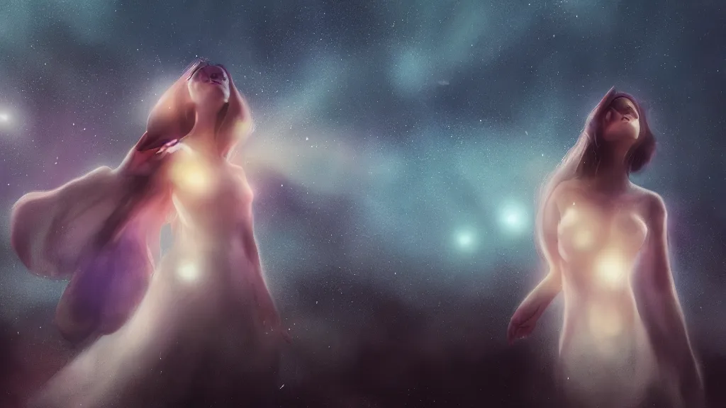 Image similar to whimsical, a beautiful playful woman, wearing professional makeup, standing in a lake, under the stars, with a binary black hole with a ring in the sky, by Lois van Baarle, by Greg Rutkowski, by Ilya Kuvsninov, cinematic angle, face enhance, volumetric lighting, cinematic lighting, digital art, 4k resolution, trending on artstation, masterpiece