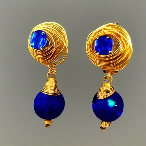 Prompt: beautiful earrings made of gold plated wire and blue crystals