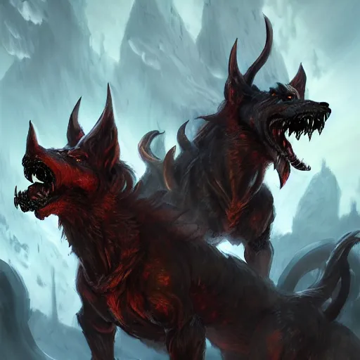 Image similar to three headed hellhound, hell background, cerberus monster, epic fantasy style, in the style of Greg Rutkowski, hearthstone artwork