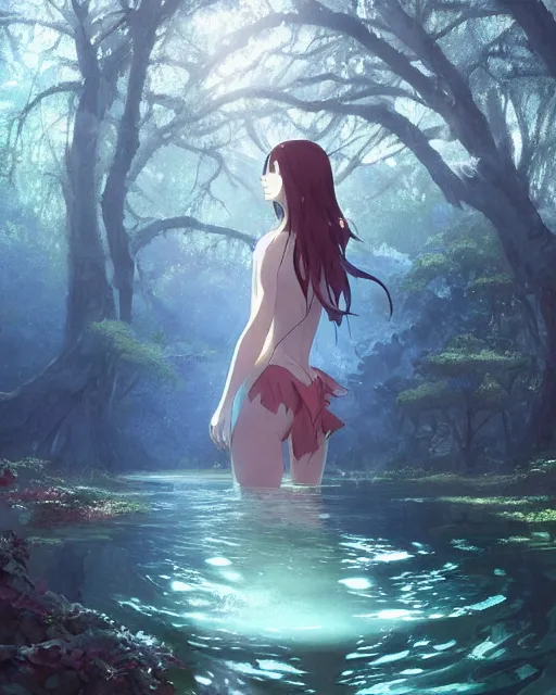 Image similar to a female water spirit in a river, trees, shady atmospheric, magical, made of water, ripples, Narnia. By Makoto Shinkai, Stanley Artgerm Lau, WLOP, Rossdraws, James Jean, Andrei Riabovitchev, Marc Simonetti, krenz cushart, Sakimichan, trending on ArtStation, digital art.