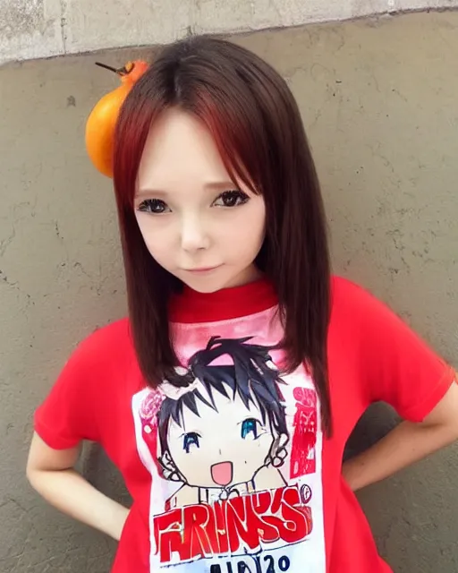 Prompt: adorable anime girl wearing a Frank's red hot sauce shirt striking a pose