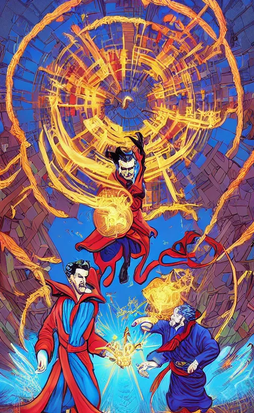 Prompt: the third first image on the scattered absurdity server, dr strange and dr seuss, very pretty, photorealistic, portal hopping and time warping with reckless abandon, by Dan Mumford
