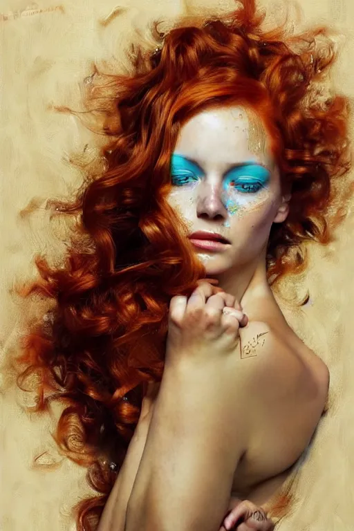 Image similar to hyper realistic painting portrait of a redhead girl with flowing curls and closed eyes, her skin is painted in gold paint and turquoise background, hyper detailed face by stjepan sejic, norman rockwell, michael hussar, roberto ferri and ruan jia