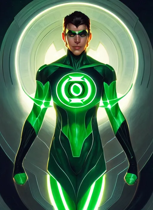 Image similar to symmetry!! green lantern, sci - fi, global illumination!! intricate, elegant, highly detailed, digital painting, artstation, concept art, smooth, sharp focus, illustration, art by artgerm and greg rutkowski and alphonse mucha