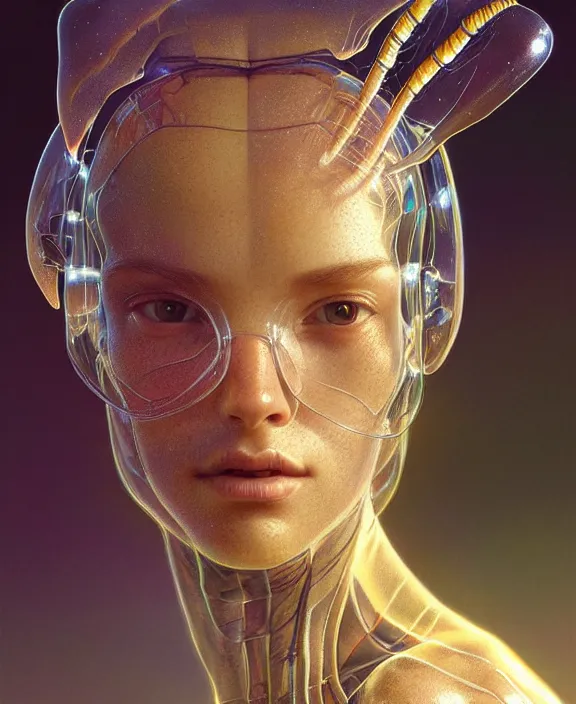 Image similar to intricate transparent clear see - through portrait of a terrifying beautiful alien insect, mottled coloring, adorable, childlike, pastoral environment, ultra realistic, concept art, art nouveau, photorealistic, octane render, 8 k, unreal engine. art by christopher marley and artgerm and greg rutkowski and alphonse mucha