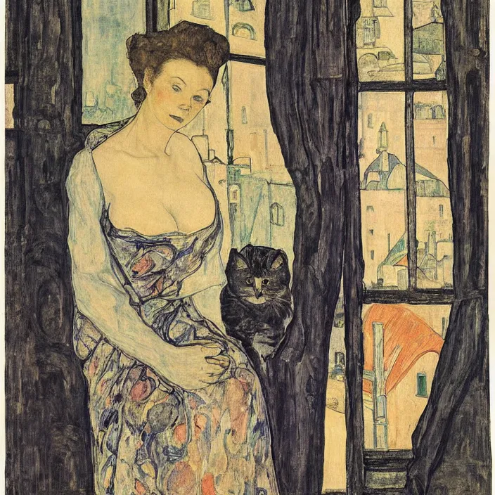 Image similar to close portrait of woman in night gown with cat and aloe vera, with city with gothic cathedral seen from a window frame with curtains. sun through the clouds. georges de la tour, egon schiele, henri de toulouse - lautrec, utamaro, monet