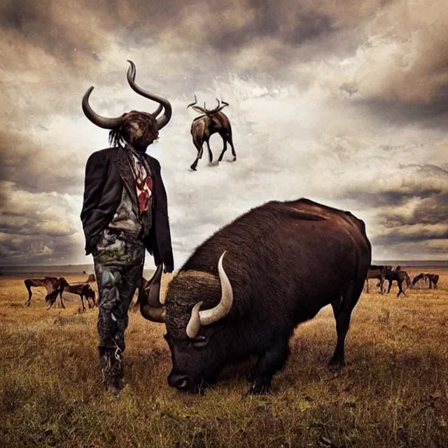 Prompt: incredible modern evocative artwork of buffalo hunters, buffalo midnight in the style of tim walker fashion photography, buffalos hunting hunters