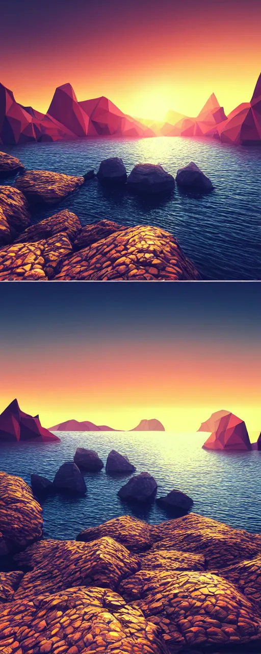 Image similar to super detailed color lowpoly art, northern sunset with rocks on front, monochrome photorealistic bay in the middle of perspective and mountains at background, big graphic ship in random point of bay, unreal engine, high contrast color palette, 3 d render, lowpoly, colorful, digital art, perspective