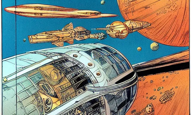 Image similar to spaceship, orbit of mars, michael kaluta