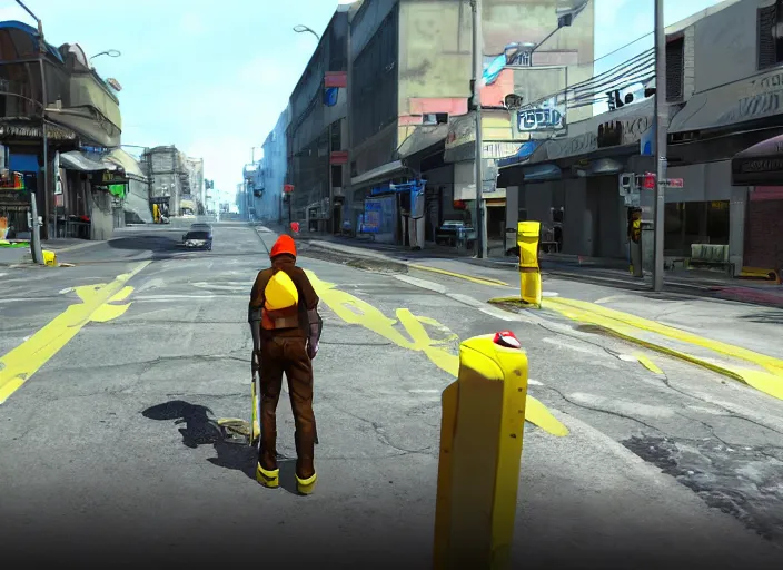 Prompt: street cleaning mmo game, video game screenshot, mmo hud, third person, hd graphics