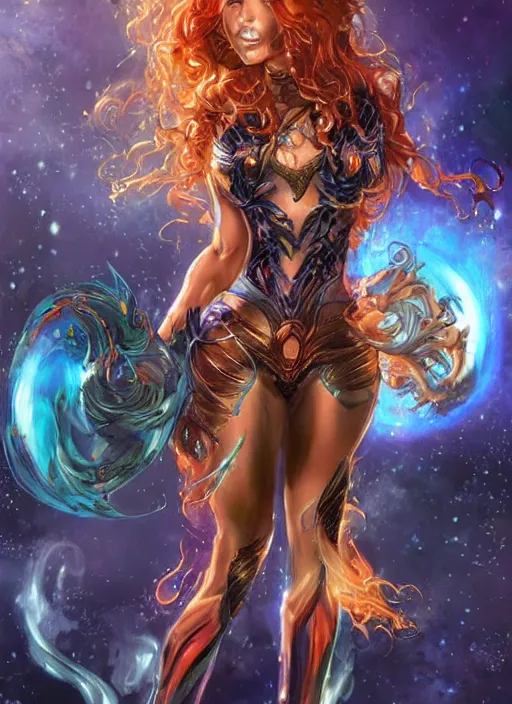 Image similar to front portrait hands behinds pose of attractive Starfire with ginger wavy hair, hands behind her pose!, Intricate overlay flames imagery , D&D!, fantasy style, sharp focus!, ultra detailed, art by Artgerm and Peter Andrew Jones, WLUP