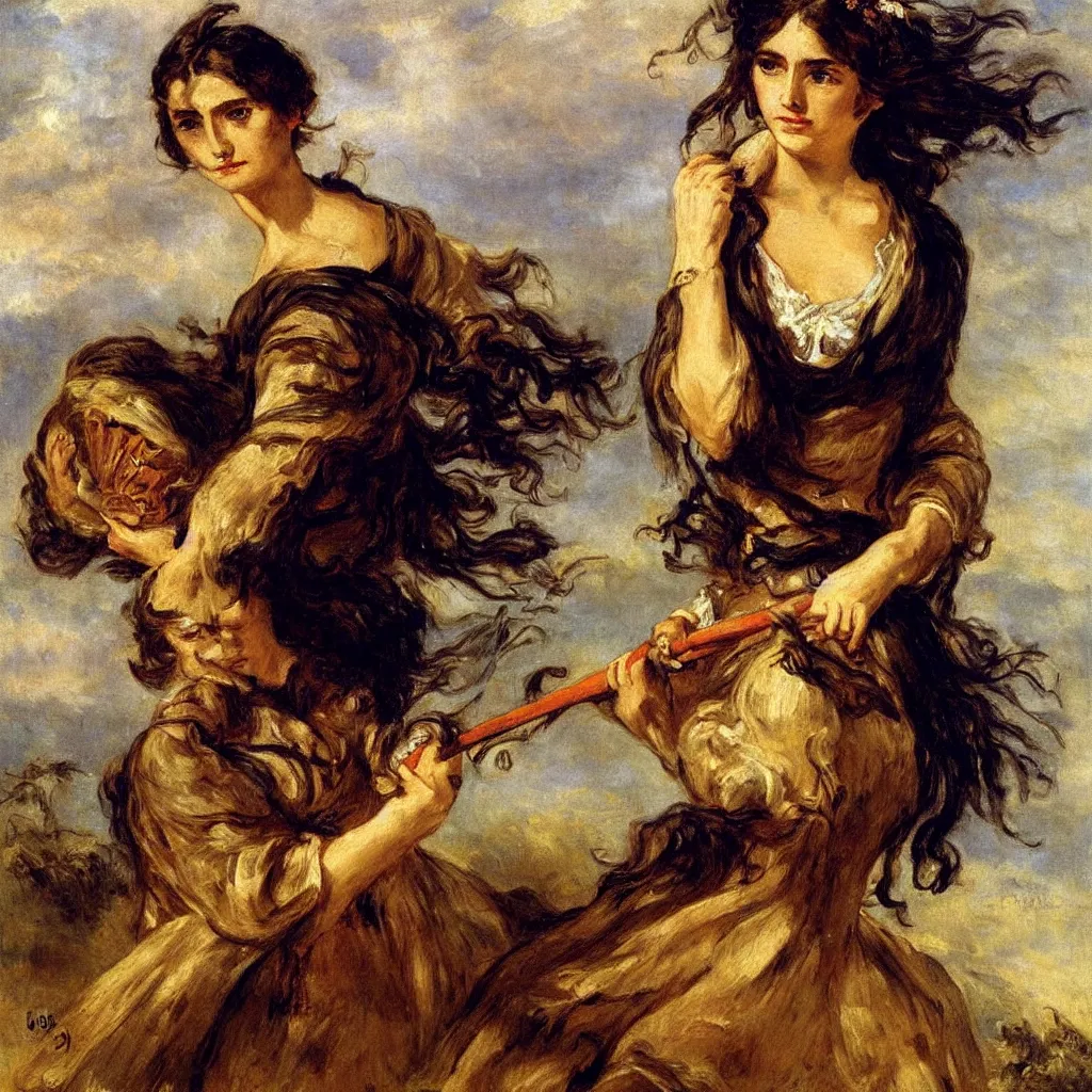 Prompt: A woman holding a bec de corbin and a wagon wheel, loose dress, flowing hair, windy, highly detailed, soft lighting, fantasy concept oil painting by Eugène Delacroix