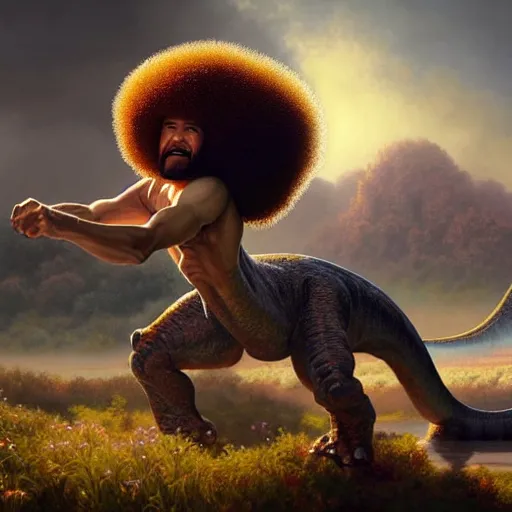 Image similar to bob ross!!! riding!!! a dinosaur!!, giant afro!, model pose, ultra realistic, concept art, intricate details, highly detailed, photorealistic, octane render, 8 k, unreal engine. art by artgerm and greg rutkowski and alphonse mucha