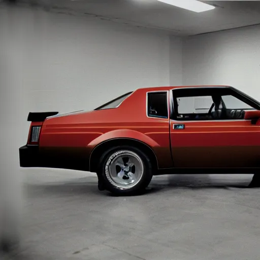 Prompt: 1980 Grand National GNX GTO, inside of an auto dealership, ektachrome photograph, volumetric lighting, f8 aperture, cinematic Eastman 5384 film