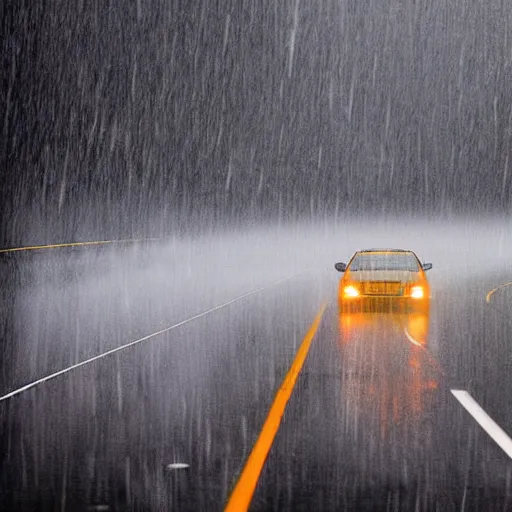 Prompt: dramatic highway, award winning photo, heavy rain fall