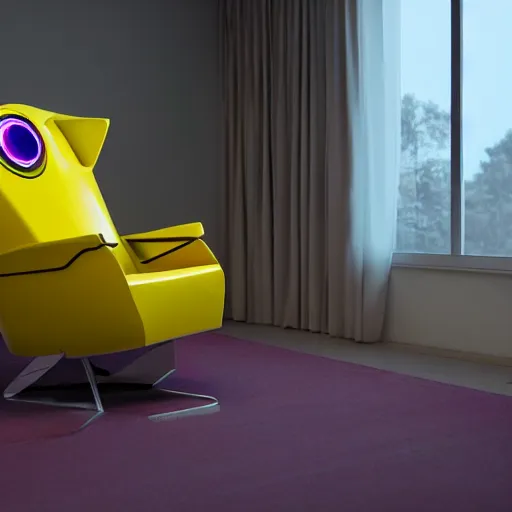 Image similar to futuristic studious matte yellow and red and chrome full-body humanoid robot with two huge round expressive sad purple glowing LED eyes and open rectangular mouth sitting on a large comfortable cushioned 1950s vintage recliner reading a newspaper. open newspaper. Cinematic Movie Photograph, Arri Alexa, Extremely Detailed, smooth, very very clean, 8K, octane render, maya render, unreal engine, trending on artstation, DSLR, excellent composition, center frame