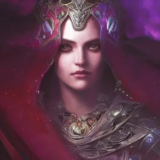 Image similar to masterpiece digital painting of a beautiful woman knight portrait, centered, heavy black obsidian armor, chaotic ruby inlays, large cape, by kev walker and greg rutkowski and mucha and luis royo, atmospheric fog effects background, purple sparkles, artstation, deviantart, closer view, cinematic lights