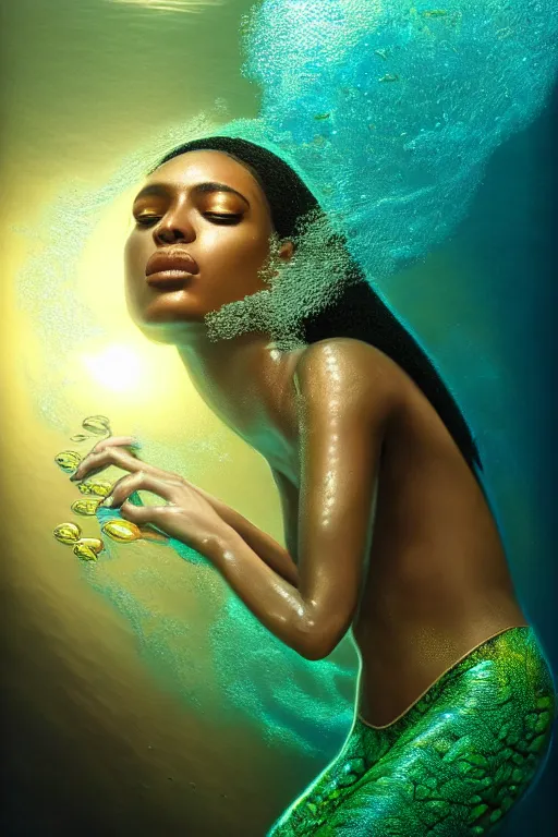 Image similar to hyperrealistic precisionist cinematic underwater scene with fish and algae, very expressive! translucent elegant african goddess, full body, gold jewerly, highly detailed face, digital art masterpiece, eric zener aykut aydogdu, volumetric light, long shot, low angle uhd 8 k, sharp focus