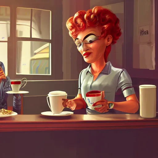 Image similar to time traveler from the past in a diner drinking a cup of coffee with an alien , 4k digital art