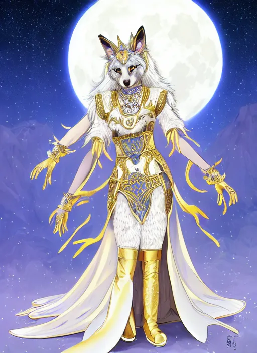 Prompt: commissioned full body portrait of a female anthro wolf-headed princess fursona with white hair wearing a white and gold chinese armored dress in a white and gold palace on a starry night with a large rescent moon, by a professional manga illustrator, Stanley Artgerm Lau, WLOP, Rossdraws, James Jean, Andrei Riabovitchev, Marc Simonetti, and Sakimichan, trending on artstation