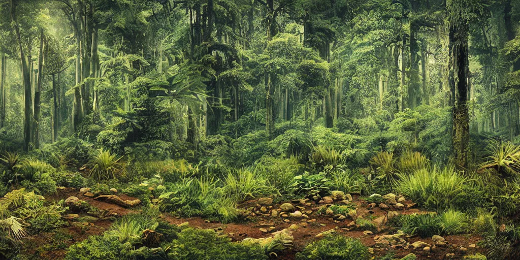 Prompt: about 4 2 to 2 1 million years ago, the sparse grassland was dominated by herbaceous plants, followed by conifers and temperate and warm temperate broadleaved trees. in the asian rainforest immaculate details vintage polaroid photo hyper realistic ultra realistic photo realistic photography