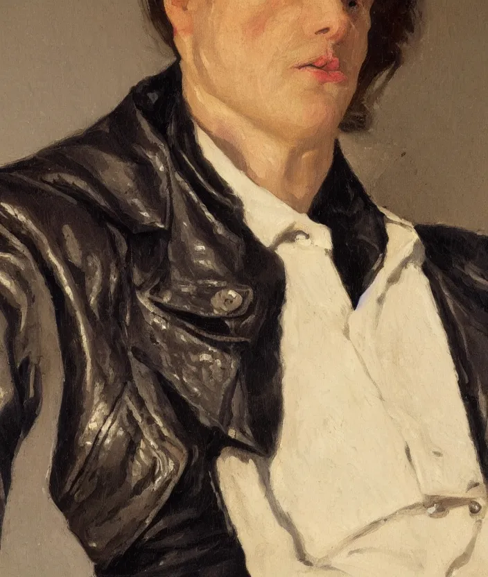 Prompt: a very detailed portrait of a man wearing an 8 0 s jacket with big shoulder pads, very aesthetic leather jacket, detailed closeup of leather jacket, front view, in the style of edward hopper and oswald hornby joseph birley and susan ryder, very small brushstrokes, 4 k,