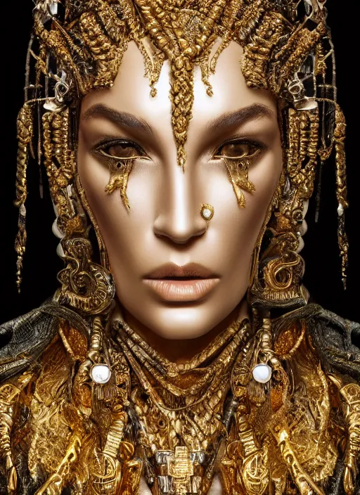 Image similar to sculpture made of gold, portrait, future, shaman, gold, close up, harper's bazaar, vogue, magazine, insanely detailed and intricate, concept art, ornate, luxury, elite, elegant, trending on artstation, by ruan jia, by Kenneth Willardt, by ross tran, by WLOP, by Andrei Riabovitchev,