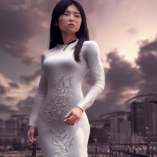 Image similar to muscular oiled woman wearing white ao dai, ultra realistic, concept art, intricate details, highly detailed, photorealistic, octane render, 8 k, unreal engine.