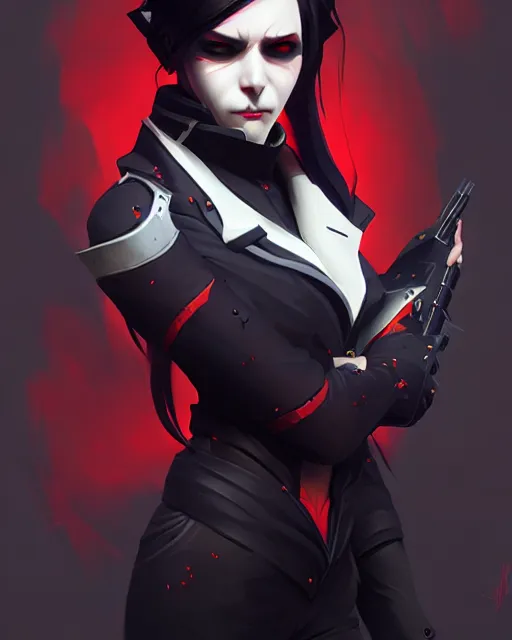 Prompt: hq rendering, dark vampire, character portrait, concept art, painterly, fanart, highly detailed in the style of overwatch by ilya kuvshinov, wenjun lin,