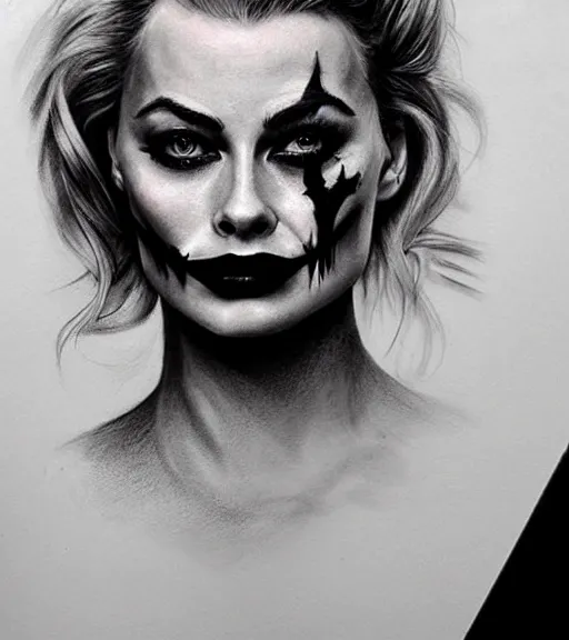 Image similar to tattoo design sketch of beautiful margot robbie portrait with joker makeup, in the style of den yakovlev, realistic face, black and white, realism tattoo, hyper realistic, highly detailed