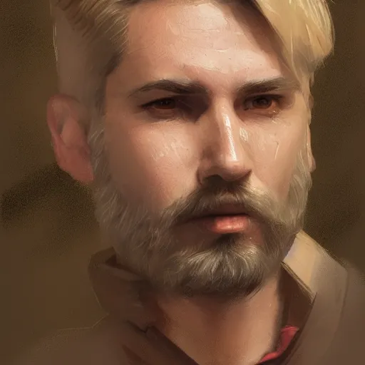 Prompt: Portrait of a man by Greg Rutkowski, he is about 40 years old, short blond quiff hair, trimmed beard, roman nose, wearing beige sweater, smart appearance, highly detailed portrait, digital painting, artstation, concept art, smooth, sharp foccus ilustration, Artstation HQ.