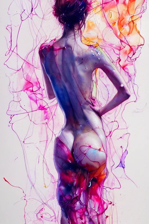 Image similar to sophia vergara by agnes cecile enki bilal moebius, intricated details, 3 / 4 back view, bendover posture, full body portrait, extremely luminous bright design, pastel colours, drips, autumn lights