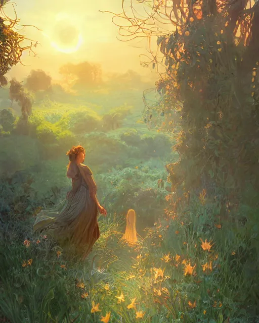 Image similar to the shire at sun rise with birds, highly detailed, gold filigree, romantic storybook fantasy, soft cinematic lighting, award, disney concept art watercolor illustration by mandy jurgens and alphonse mucha and alena aenami, pastel color palette, featured on artstation