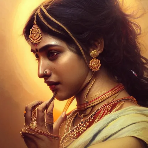 Image similar to south indian woman, sari, ultra realistic, concept art, intricate details, eerie, horror, highly detailed, photorealistic, octane render, 8 k, unreal engine. art by artgerm and greg rutkowski and alphonse mucha