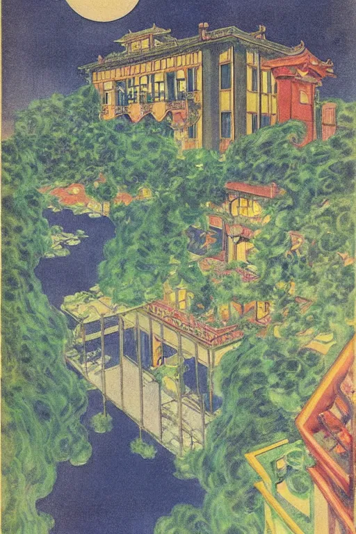 Prompt: vintage anime 70s comic book watercolor, cinematic aerial view of decorated surrealist hanging Mansion at night by Edward Hopper and Claude Monet, Mansion hanging gardens lit by floating shoji lamps, Japanese 1920s maximalist art deco hanging Mansion backyard design by Katsuhiro Otomo, the moon reflects in the water, the moon casts long exaggerated shadows, blue hour, hyper-detailed 70s watercolor by Syd Mead and by Jean Giraud, aerial view