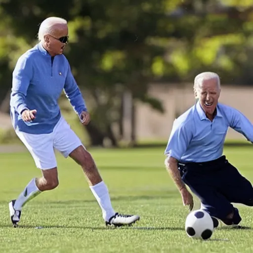 Image similar to Joe Biden playing soccer, doing a step over, breaking ankles, his opponents falling over