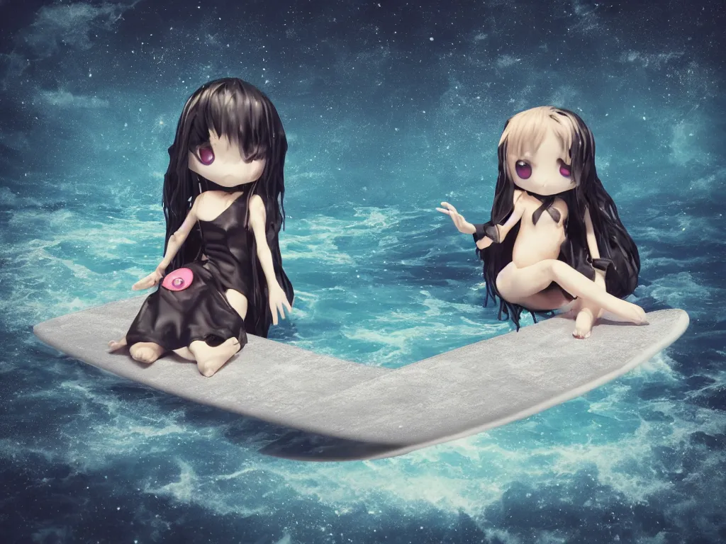 Image similar to cute fumo plush gothic maiden alien girl sitting on a surfboard in the waves of the dark galactic abyss, tattered ragged dress, ocean waves and reflective splashing water, vignette, vray