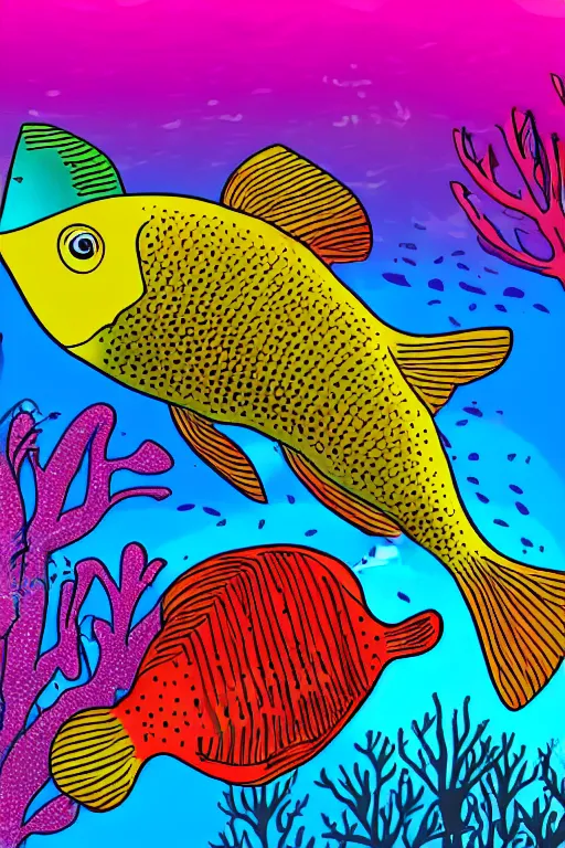 Image similar to a beautiful and colorful fish swimming through a coral in the ocean, cartoon style