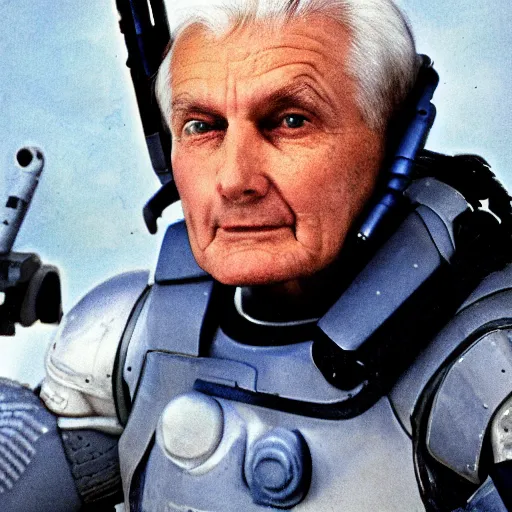 Prompt: close up photograph of a stern faced old man who is a veteran of many futuristic wars with short gray hair and blue eyes. he is wearing a white futuristic suit of heavy combat armor and holding a blaster in one hand and a plaster plazma - proof shield in the other. riding a white armored motorcycle charging into enemy lines while firing plasma bolts. scifi