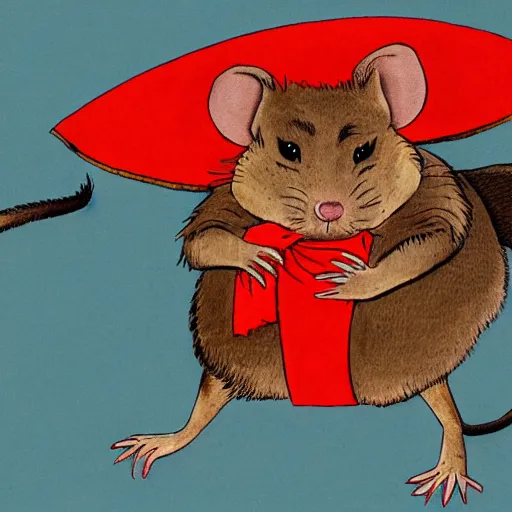 Image similar to a portrait of a human-rat hybrid with brown fur wearing a red kimono, cartoon