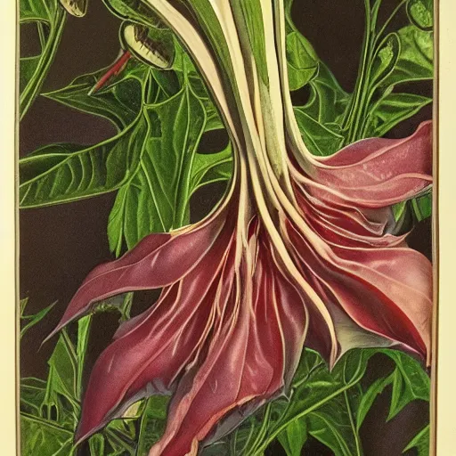 Image similar to close relationship between datura stramonium and men, mythical full of symbolism picture, hyper detailed, hyper realistic, warm colours, symbiosis