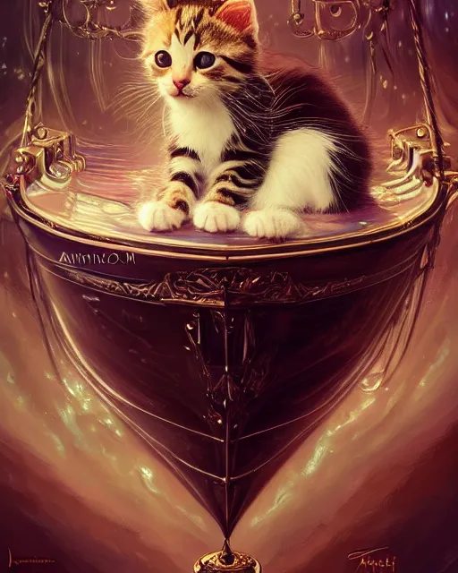 Image similar to cute kitten inside an ornate sail boat of iridescent liquid, alchemy, shiny plastic, intricate, bloom, detailed, volumetric lighting, sharp focus, photorealism, digital painting, highly detailed, concept art, by by artgerm and wlop